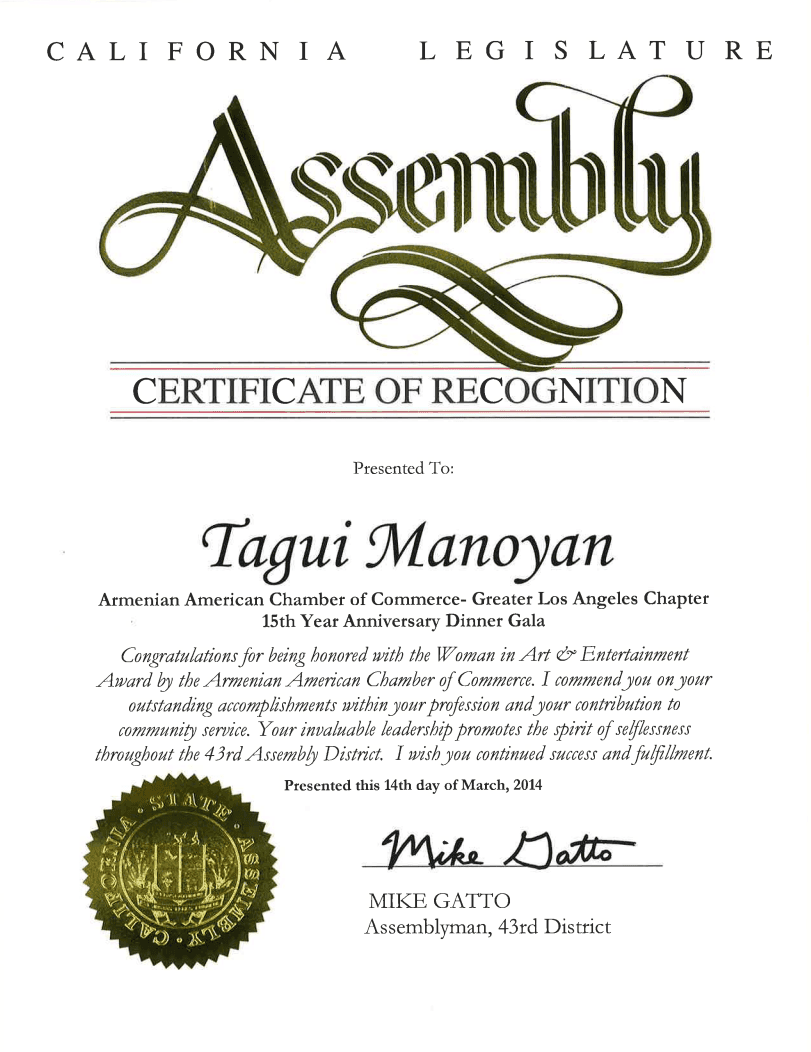 California Legislature Assembly, Certificate of Recognition from Assemblymember Adrin Nazarian