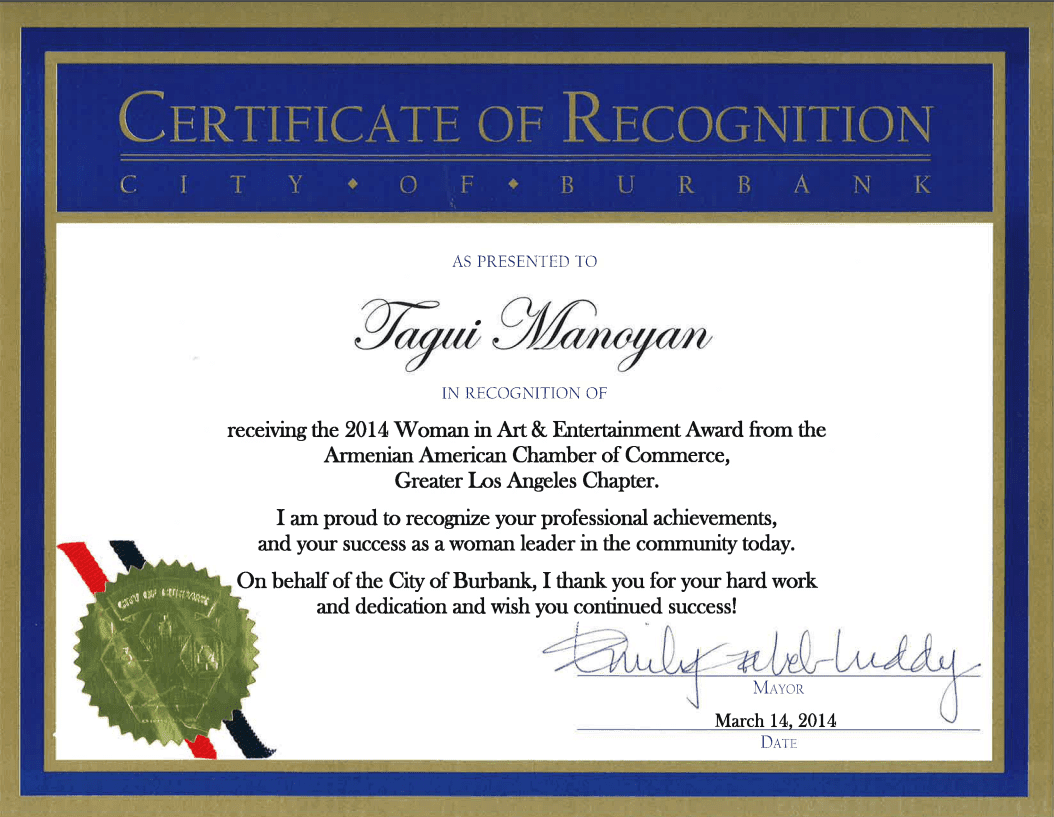City of Burbank, Certificate of Recognition