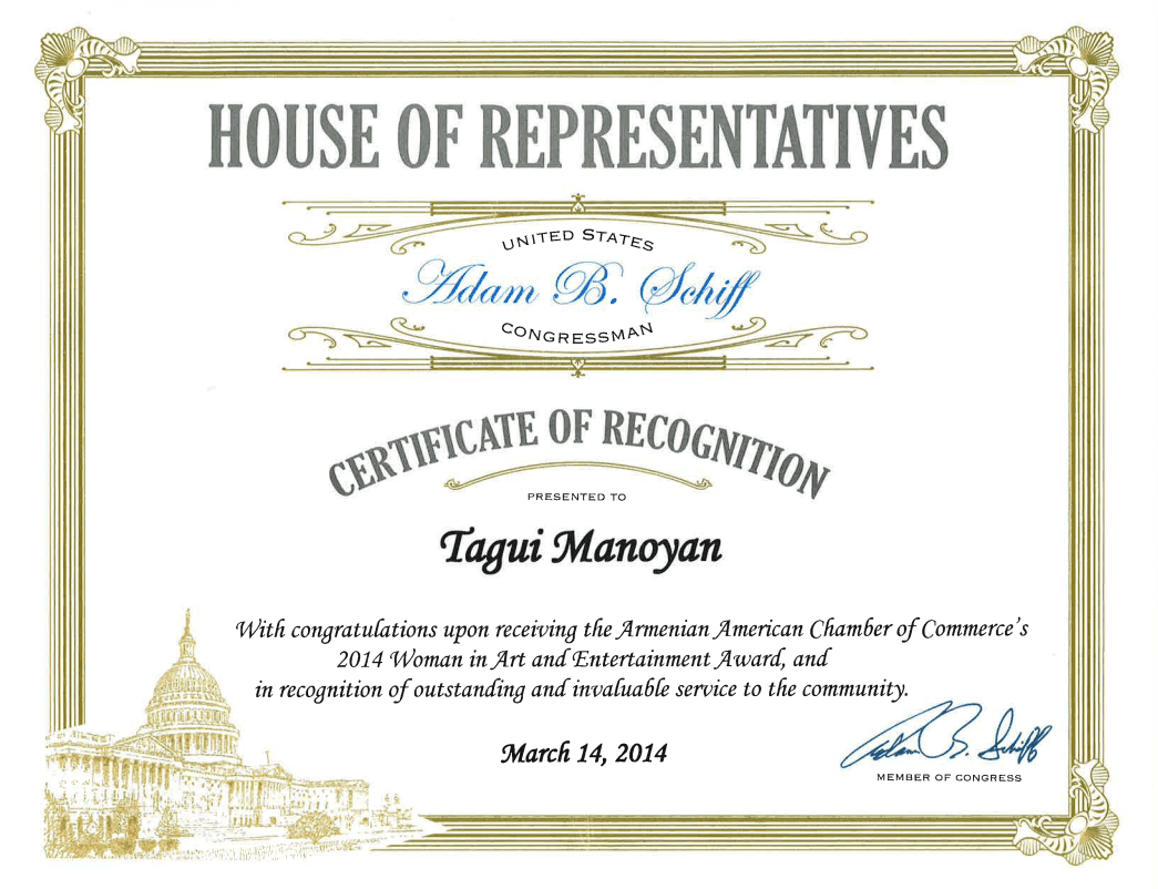 United States House of Representatives, Certificate of Recognition from United States Congressman Adam B. Schiff